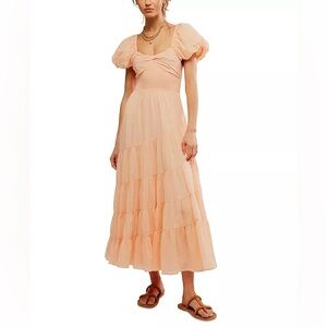 Free People Sundrenched Puff-Sleeve Tiered Dress Large peach New maxi flowy puff